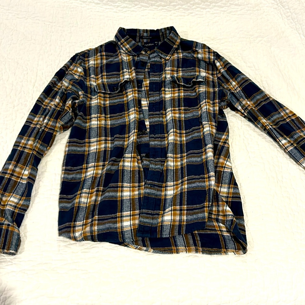 Lucky Brand Long Sleeve Plaid Button Up Navy Gold